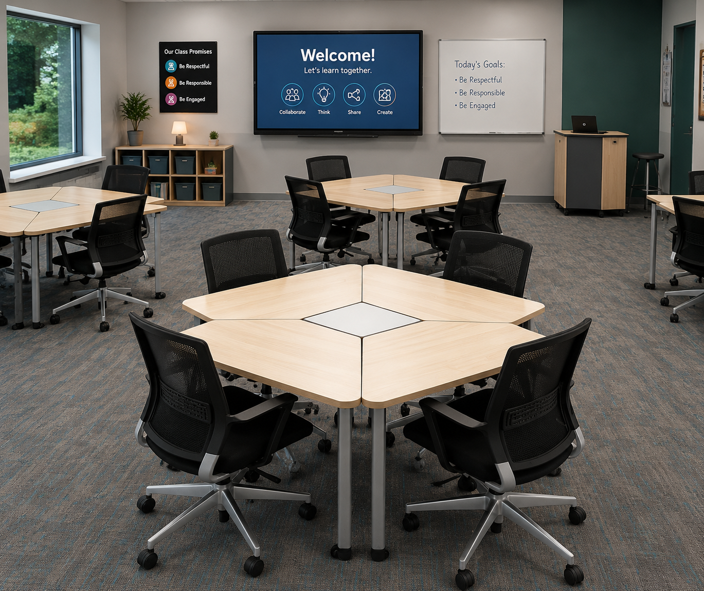 Hexagonal Cluster Table (with Tech Integration) — Classroom Furniture, Zumax